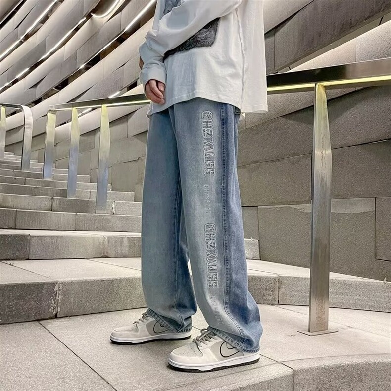 撞色牛仔裤男潮牌设计感hiphop直筒长裤复古宽松阔腿裤子NK546,男装牛仔裤,星座1116A-1（原606A）