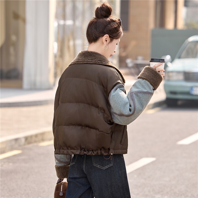 牛仔拼接短款羽绒服女2025冬季新款翻领加厚保暖羽绒外套,女装羽绒服,沁沁公主
