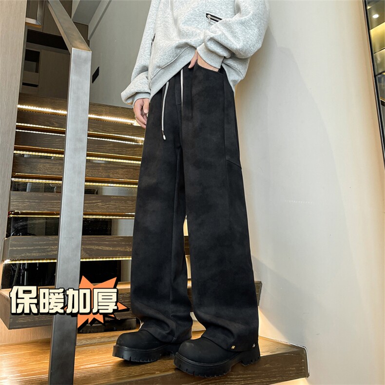 加厚保暖潮牌直筒拖地阔腿裤扎染脏脏布纽扣收脚毛呢裤男7991-P65,男装休闲裤,电商C305A