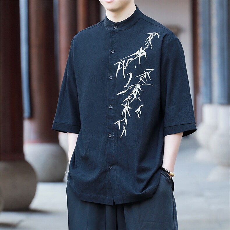 棉麻风新款25夏刺绣竹叶立领短袖衬衫T恤男女A021-T29-p65控89,男装T恤,电商A021