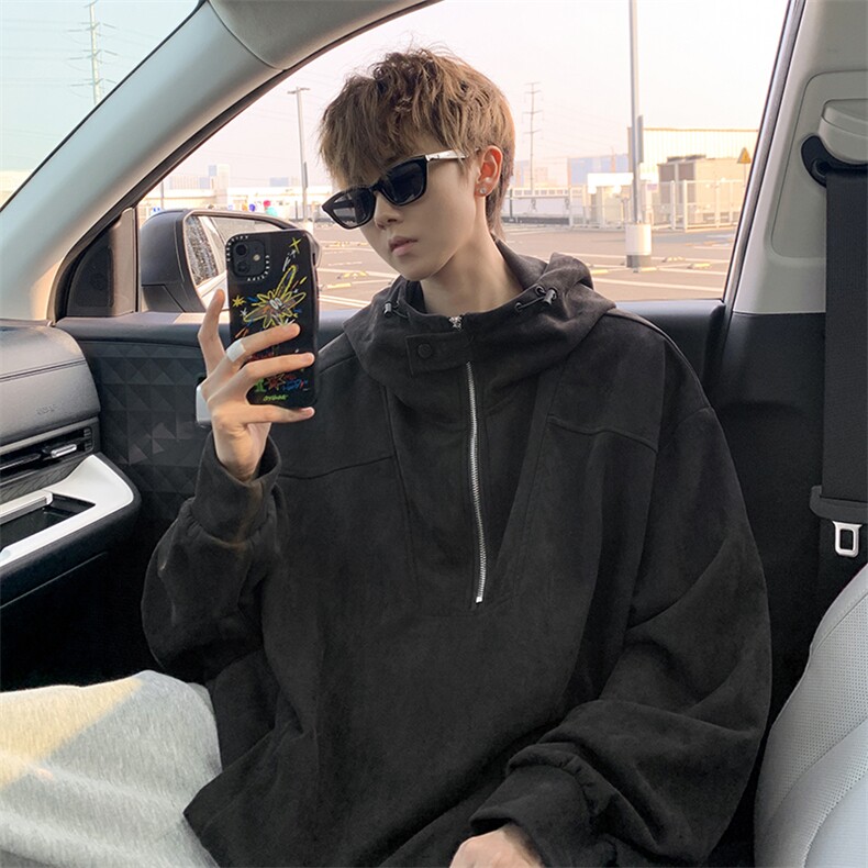 麂皮绒卫衣连帽M~8XL大码宽松美式重磅半拉链帽衫外套WY9102/P68,女装短外套,电商B238