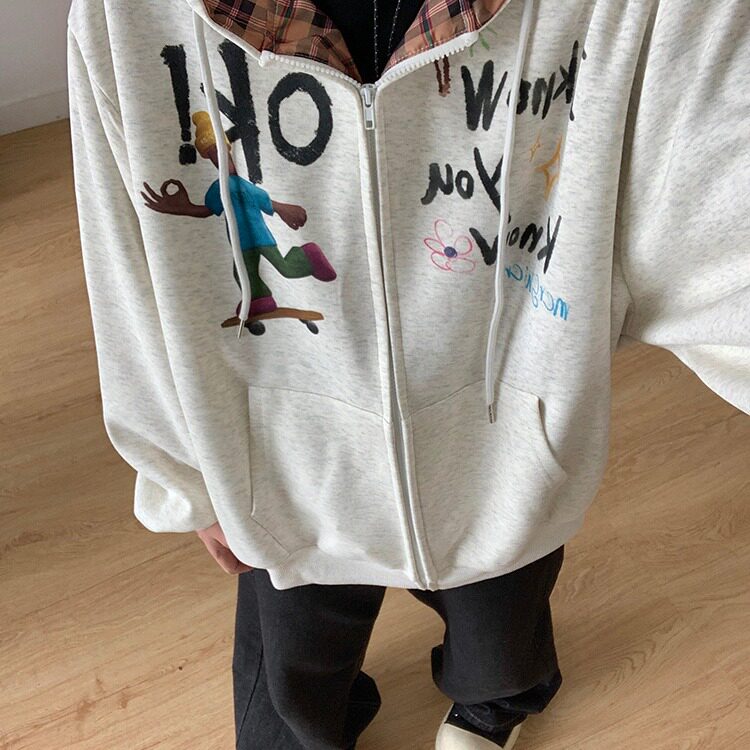 撞色格子连帽开衫卫衣男春秋季卡通滑板男孩情侣外套W1007,男装卫衣,星座1116A（原606A-3）