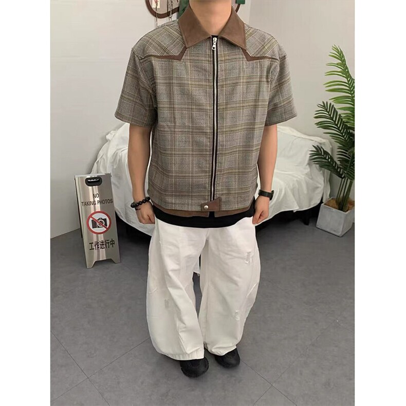 自制~高品质千鸟格拼皮领解构短袖休闲衬衫CS7798P55,男装T恤,星座908
