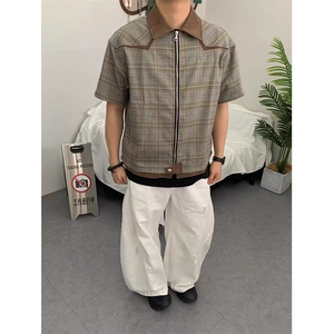 自制~高品质千鸟格拼皮领解构短袖休闲衬衫 CS7798 P55图片