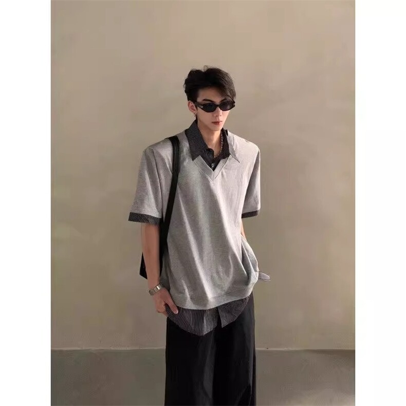 ESEGEE衣司机夏季新款高级感假两件设计短袖T恤男翻领痞帅POLO衫,男装T恤,星座506A