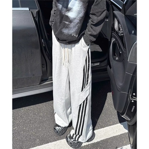 重磅条纹休闲裤男秋季潮牌宽松垂感阔腿卫裤痞帅运动直筒裤子图片
