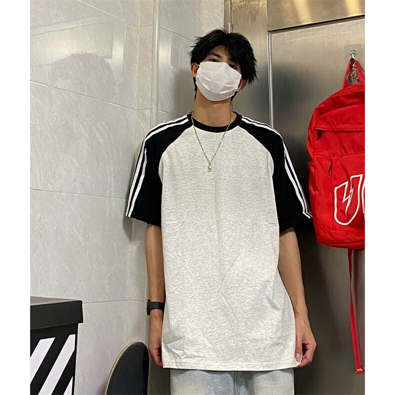 抖音得物品质二开240克宽松纯棉美式潮牌插肩三杠织带短袖T恤图片