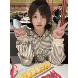 毛领连帽卫衣外套韩系chic宽松休闲设计感小众条纹上衣LW2355-P65