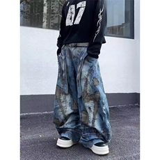 美式复古乱针刺绣弯刀牛仔裤男2025春夏新款街头宽松阔腿长裤子潮，男装牛仔裤，星座506A