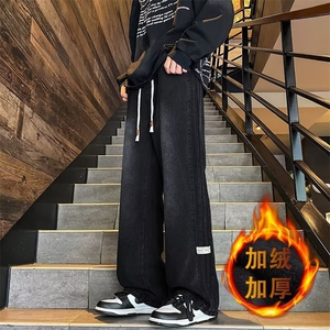美式高街新款贴标条纹牛仔裤男潮牌宽松加绒保暖阔腿裤图片