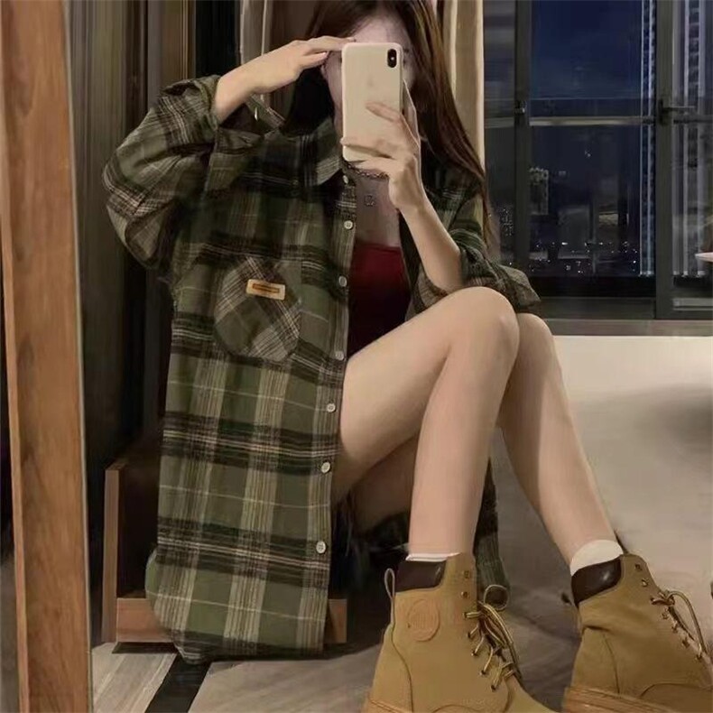绿色格子衬衫女春秋字母刺绣休闲衬衣防晒外套美式学院风上衣,男装防晒衣,星座506A