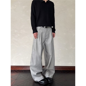 现货 老钱风 条纹竹节纹直筒休闲裤宽松西裤秋冬阔腿裤LB0188-p48图片