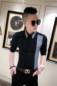 2021夏男衬衫英伦男中袖上衣韩版修身拼接男花衬衫A068-D824-P55图片