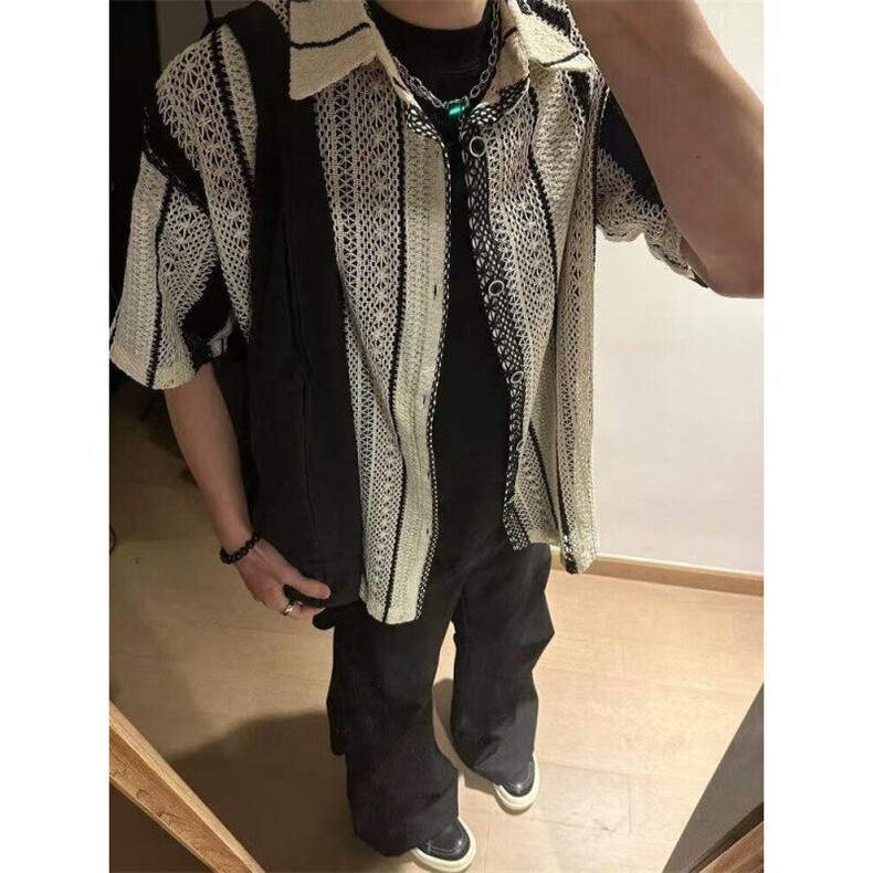 复古条纹镂空网面短袖衬衫男女夏季海岛度假休闲ins衬衣CA6733,男装T恤,星座1116A（原606A-3）