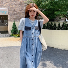 减龄牛仔背带裙套装女2023夏季新款温柔风设计感别致小个子连衣裙，女装套装/套裙，菡迪欧娜