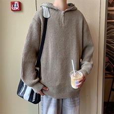 慵懒风连帽毛衣男秋冬季新款纯色简约cleanfit宽松休闲针织衫外套，男装针织衫/毛衣，星座410-7