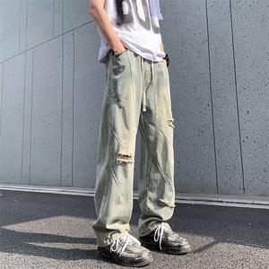 破洞牛仔裤男美式高街复古水洗做旧牛仔长裤痞帅直筒裤子N902-P50图片
