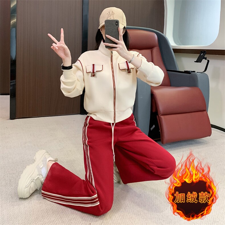 女冬季新款开衫卫衣红色阔腿裤两件套,女装套装/套裙,江南