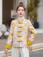 新中式盘扣羽绒服女2025冬季新款黄色提花唐装白鸭绒短款外套，女装羽绒服，衣之秀