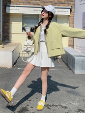 现货韩版时尚假两件短外套女洋气春秋季新款小个子显瘦工装夹克，女装短外套，韩蔻秀