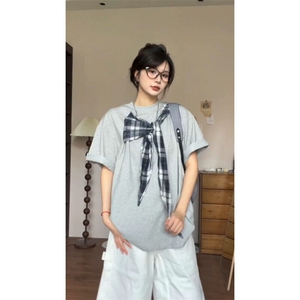 【有货】PX01CC-特P38 格子拼接蝴蝶结短袖t恤男女图片