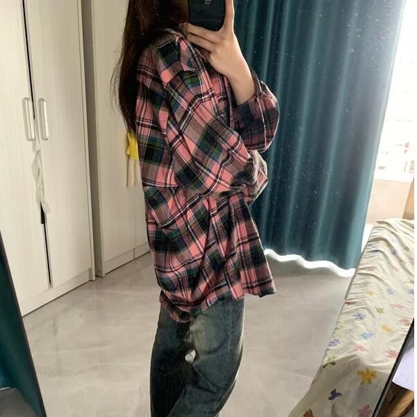 美式复古黑粉格子衬衫2024新款男女情侣潮流宽松休闲衬衣外套,男装衬衫,星座506A