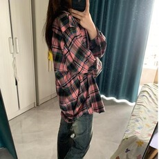 美式复古黑粉格子衬衫2024新款男女情侣潮流宽松休闲衬衣外套，男装衬衫，星座506A