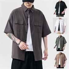 2021夏季新款日系大码男无影墙宽松工装亚麻棉麻短袖衬衫C552-P35，男装衬衫，电商A001