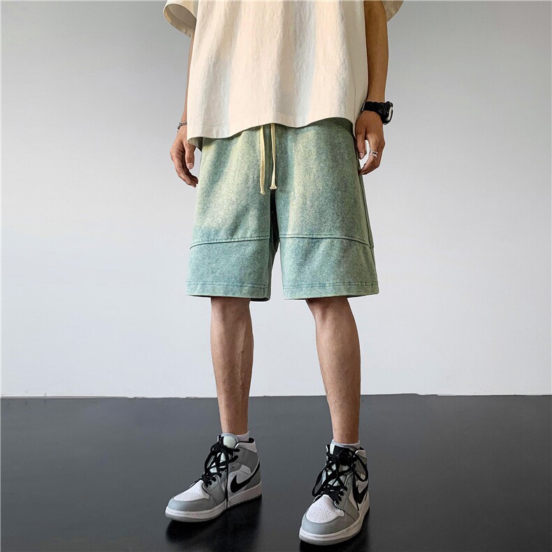 新款高街重磅纯棉水洗拼接短裤XZ604-DK102-P45控58,男装牛仔裤,星座604