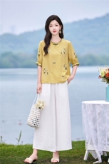 时尚洋气优雅刺绣套装女2026夏季新款复古气质宽松阔腿裤两件套，女装套装/套裙，魅影