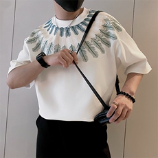8963/特P68控98夏季痞帅小伙复古重磅刺绣风短袖T恤男上衣黑首，男装T恤，星座305B