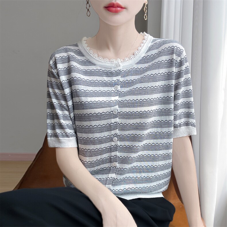夏季新款天丝苎麻蕾丝花边条纹开衫女宽松百搭显瘦时尚休闲上衣,针织衫/毛衣,暖娇绒