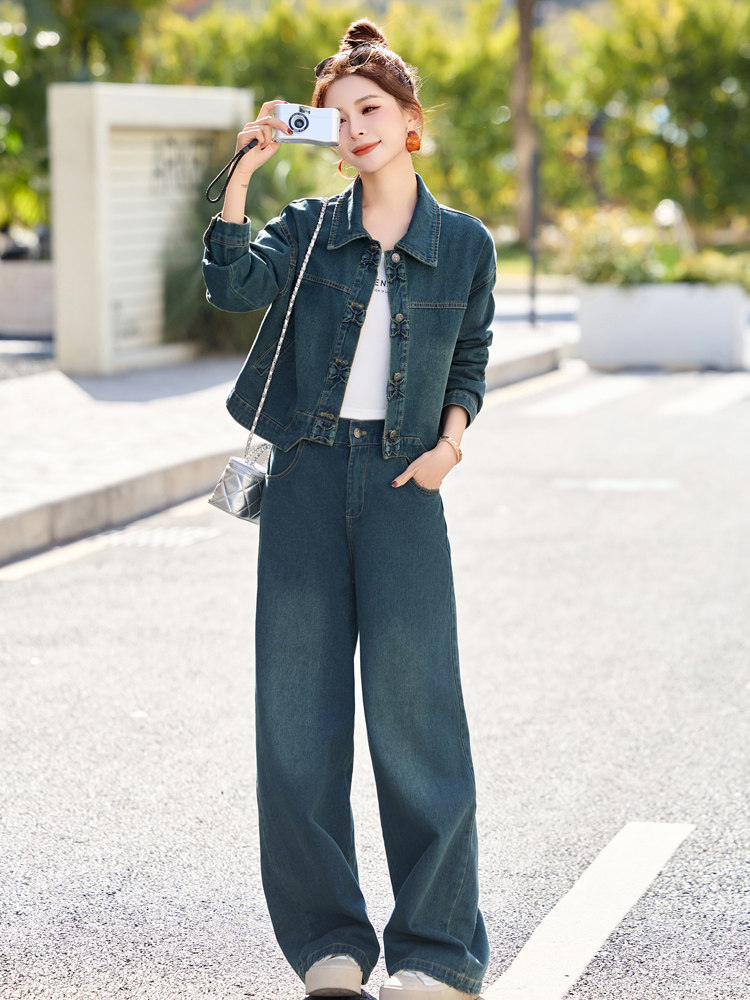 新中式牛仔套装女2025春新款超好看独特漂亮超火减龄阔腿裤两件套,女装套装/套裙,欣品汇