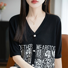 桑蚕丝短袖T恤女2025夏季新款时尚百搭显瘦休闲韩版天丝针织小衫，女装针织衫/毛衣，郡淞羊绒
