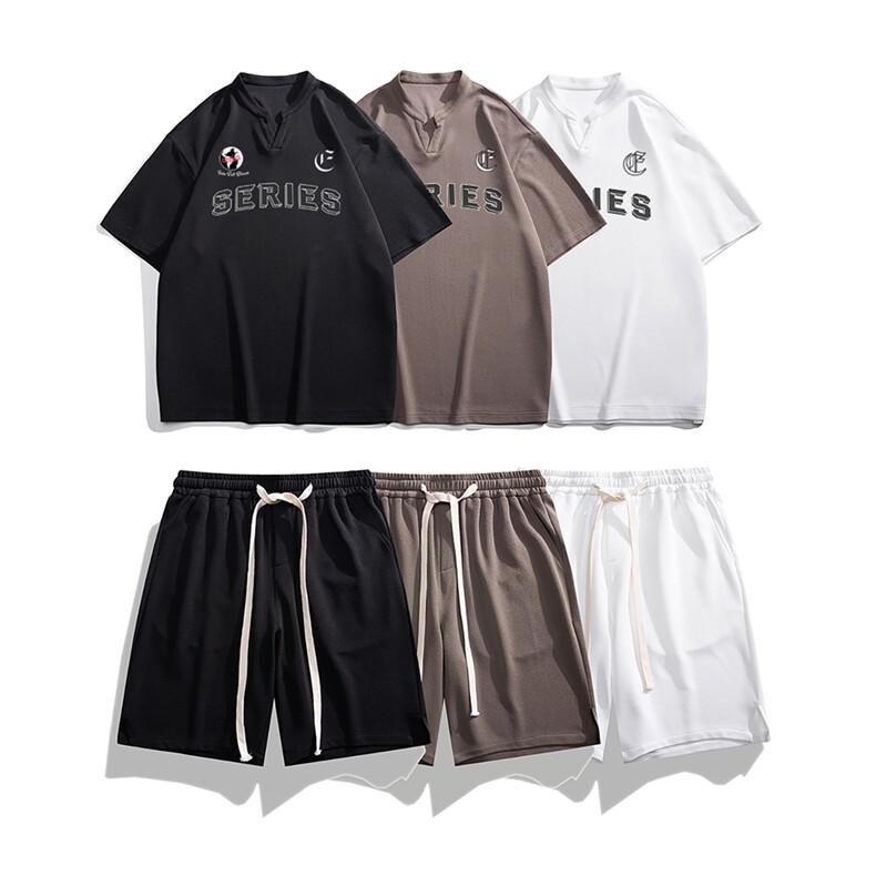 白底  夏季港风情侣百搭短袖蚂蚁皱小V领T恤套装TZ1143 P65控88图片