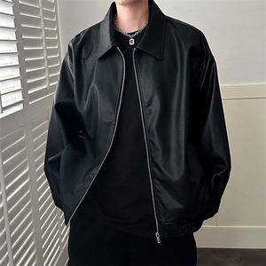 W639-P66 痞帅Pu皮衣小众设计感潮牌双拉链垫肩皮夹克男机车服图片