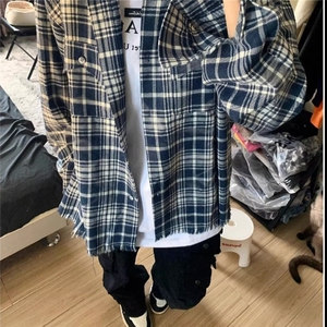 日系格子衬衫男长袖春季新款潮流百搭青少年休闲宽松工装衬衣外套图片