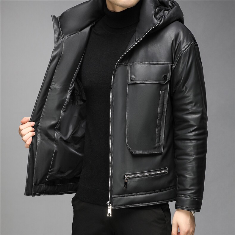 X8003冬季新款海宁男士羽绒外套绵羊皮夹克白鸭绒连帽P900，男装皮衣，电商B360