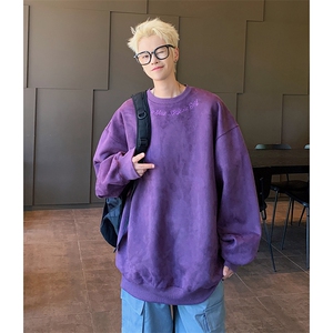 港风大码美式刺绣麂皮绒套头圆领卫衣男女XZ213-JPR203-P45控68,英伦风欧美风包包穿搭图片