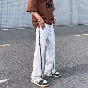 3080-P52 解构黑色弯刀牛仔裤男女潮流阔腿宽松风哈伦微喇裤子图片