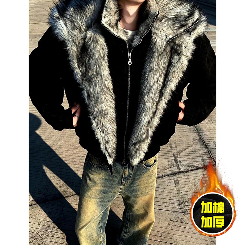 现货高品质美式高街重磅狼王座山雕毛毛领假两件棉衣加厚棉服外套，男装棉衣，电商A486