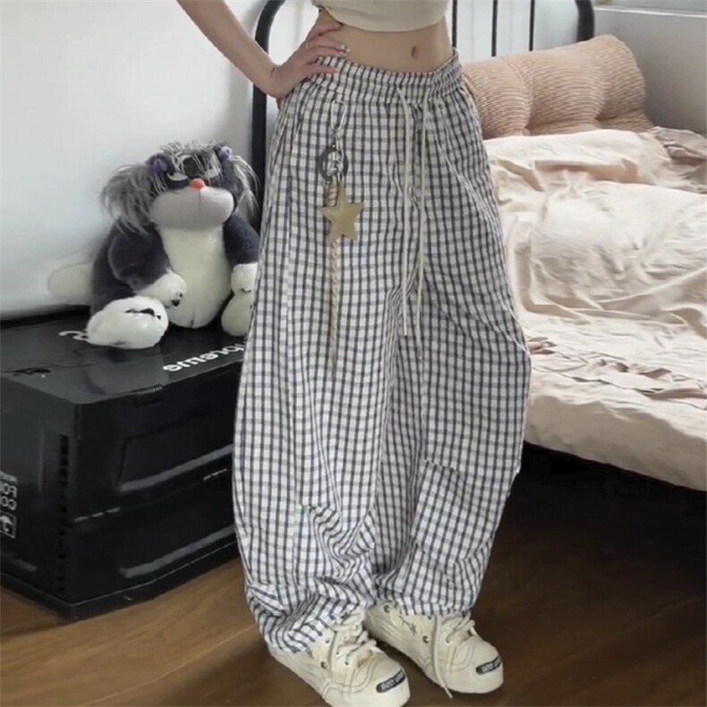 美式复古星星挂饰格子弯刀休闲裤女夏季设计感宽松显瘦阔腿拖地裤,男装休闲裤,四季星座505