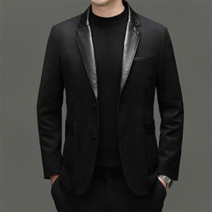 BG-G6029春秋款海宁真皮皮衣男牛皮+麂皮绒西服商务休闲男装外套图片