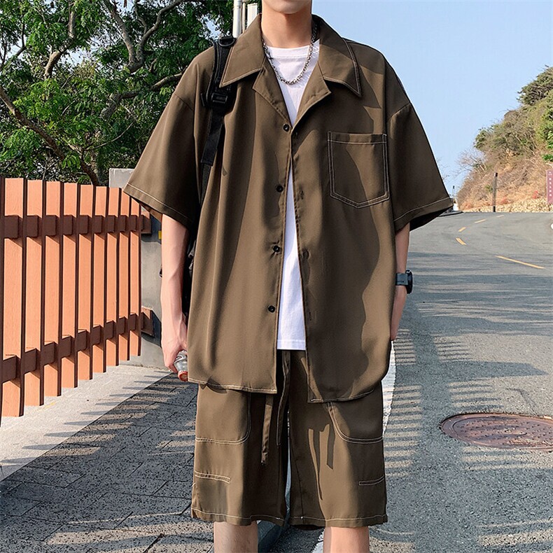 特批P55无差价夏冰丝垂感凉感短袖衬衫短裤男高级感潮流套装TZ092，男装休闲套装，电商A001