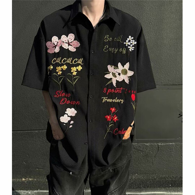 2025美式重磅彩色花卉刺绣短袖衬衫男夏季街头痞帅宽松休闲衬衣,男装衬衫,星座506A