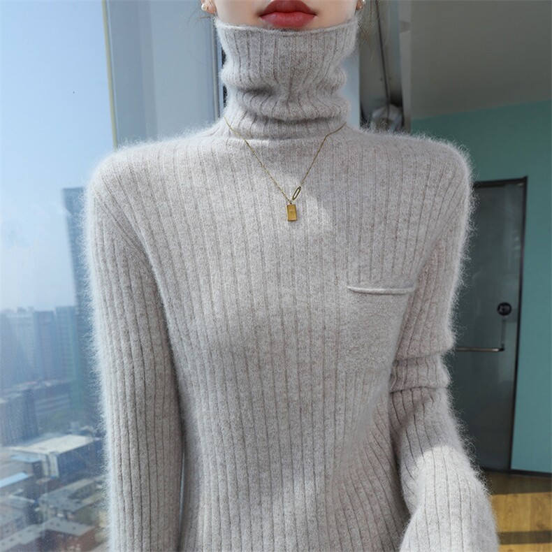 2025秋冬百搭时尚简约半高领长袖抽条针织衫，女装针织衫/毛衣，冬贝尔貂绒