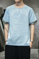 2021夏季新款男装中国风棉麻刺绣短袖上衣亚麻透气T恤浅蓝T16-，男装T恤，电商B277(原6028)