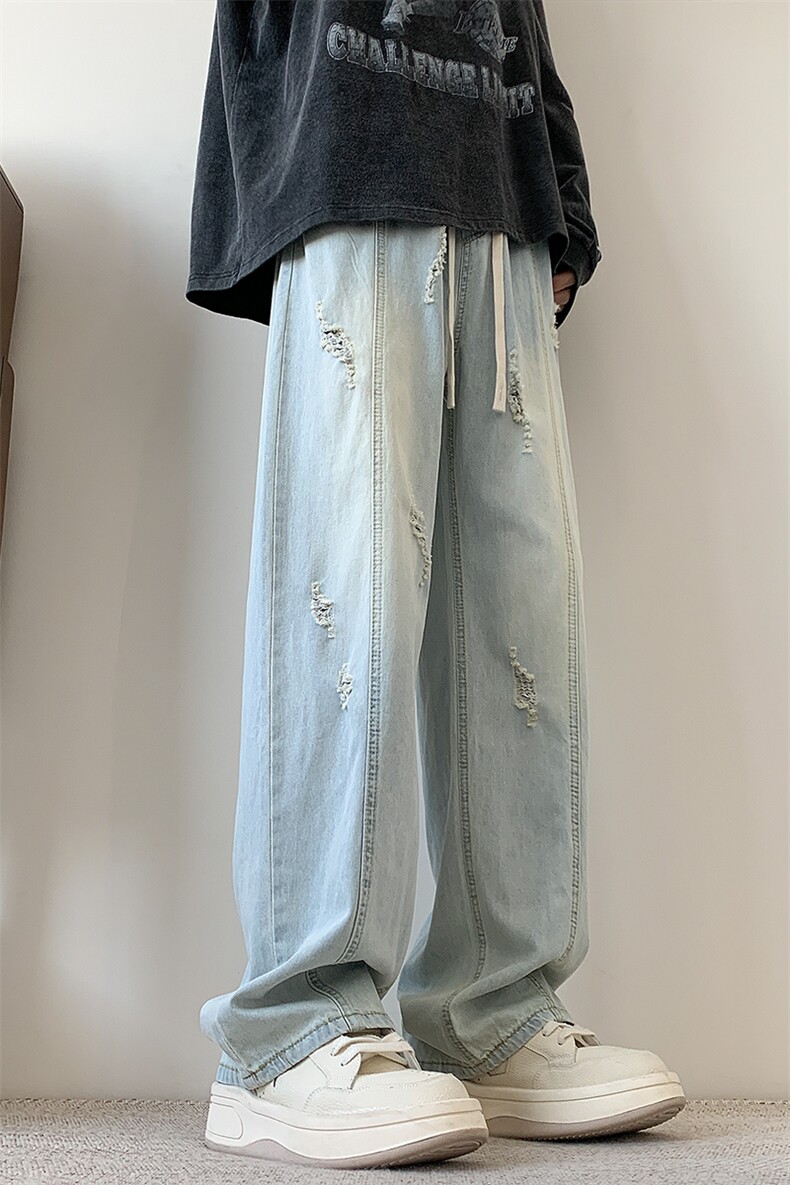 S-3XL夏季薄款冰丝裤直筒宽松破洞牛仔裤310A-2BK312p55控78,男装牛仔裤,星座310A-2