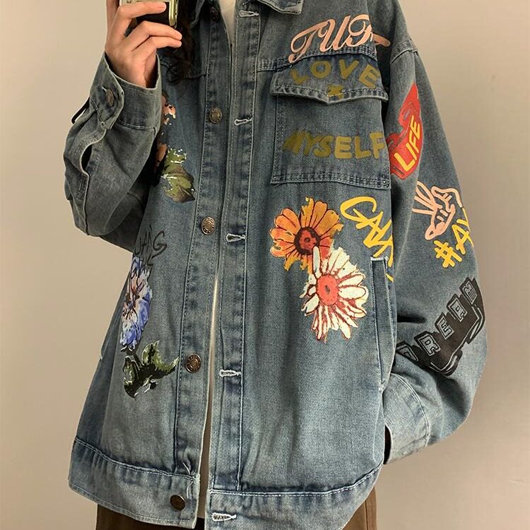 复古水洗牛仔外套男春秋潮牌花朵印花夹克宽松百搭做旧情侣款上衣,男装工装外套,星座1210-1