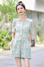 2024夏季新款优雅刺绣短袖两件套女气质显瘦甜美粉色套装，女装套装/套裙，贵人树